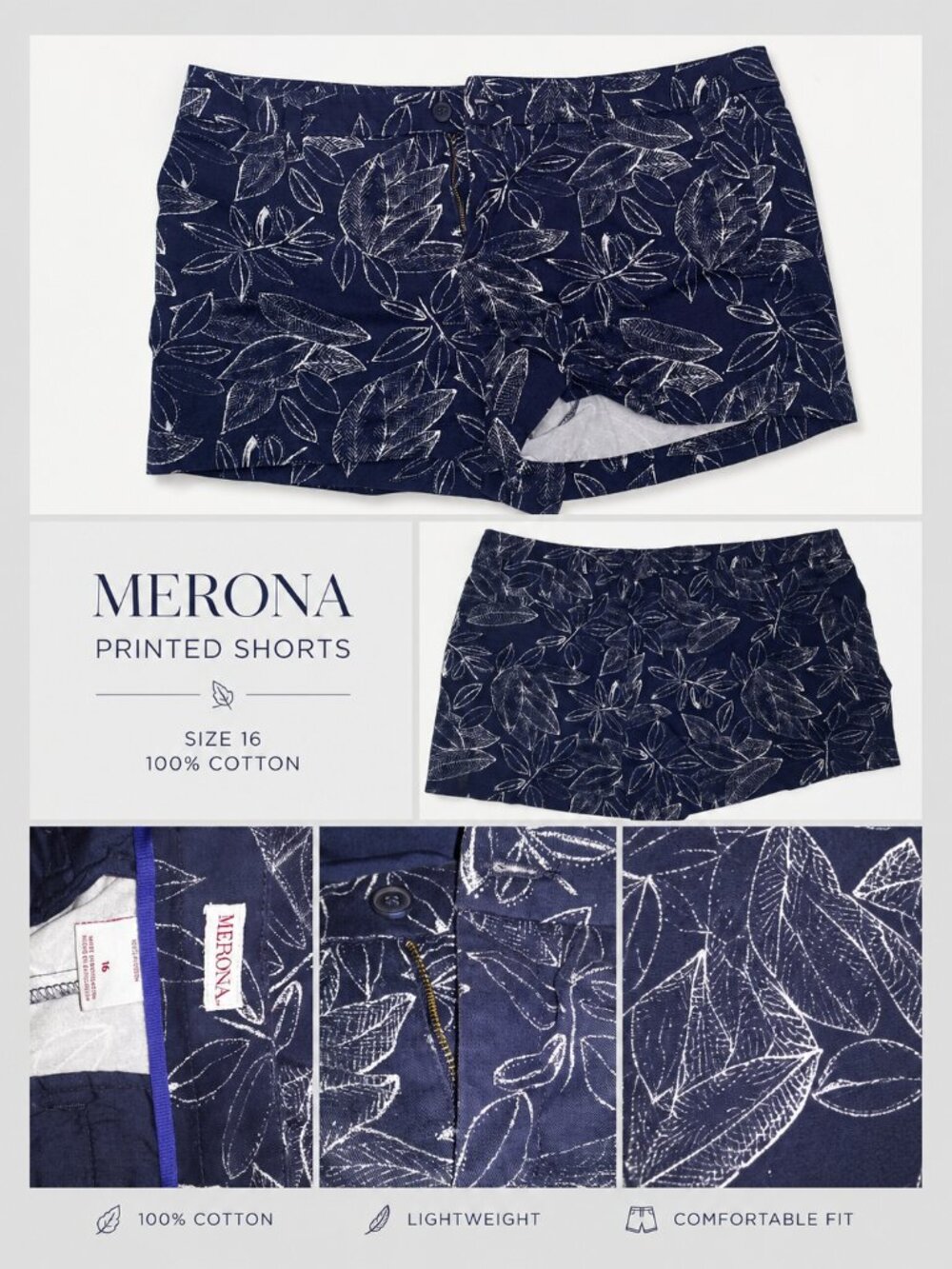 Merona Navy White Leaf Print Cotton Shorts Size 16